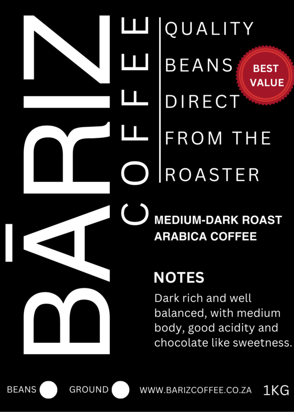 1KG Medium Dark Roast Ground Bariz Label